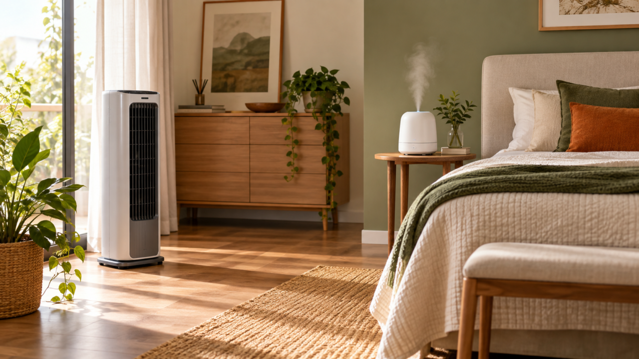 Umidificador compacto e climatizador de torre lado a lado em ambiente doméstico claro