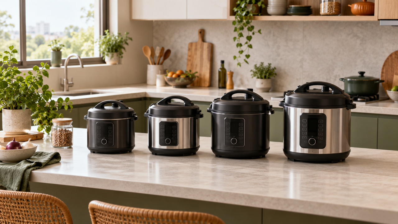Panelas de pressão elétricas de diferentes tamanhos sobre bancada de cozinha