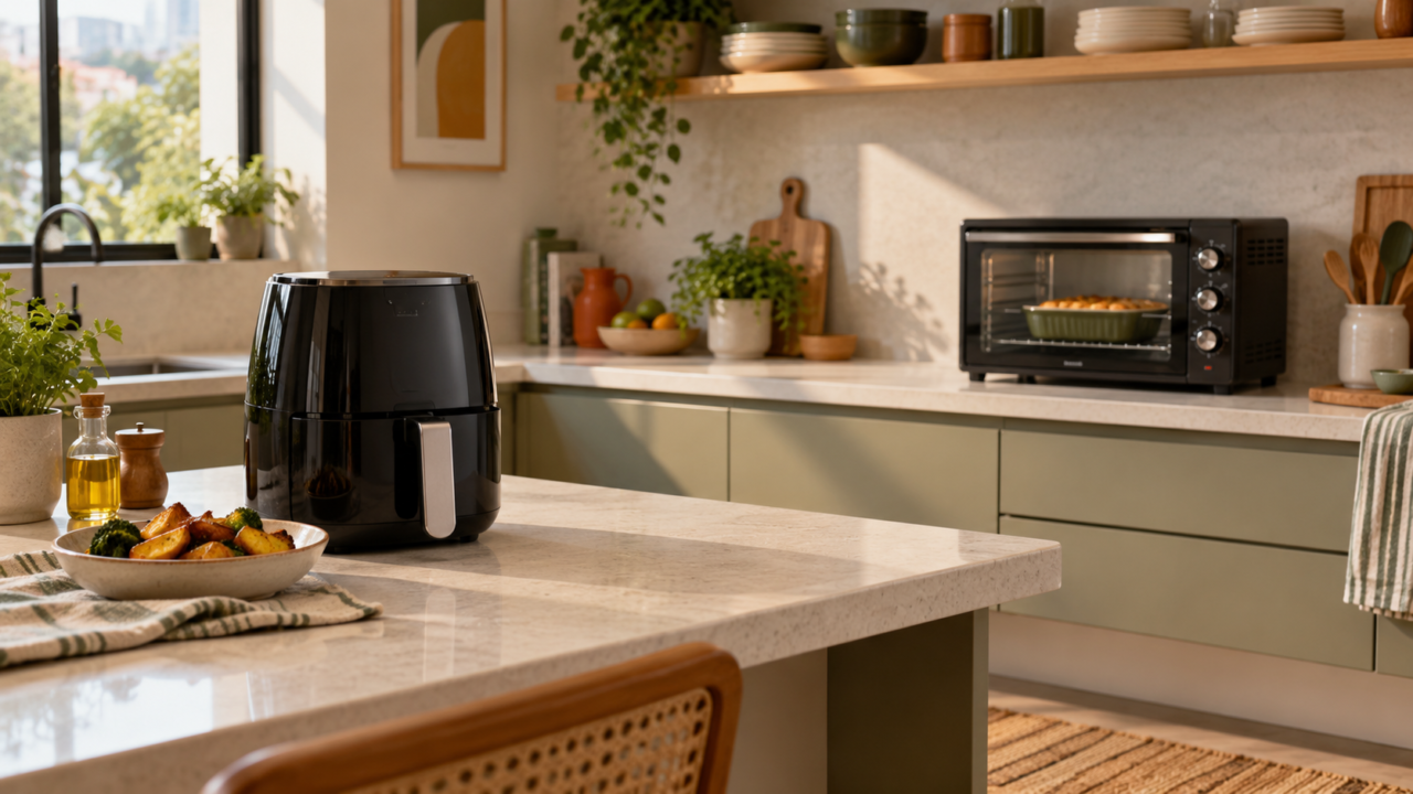 Air fryer e forno elétrico sobre bancada em cozinha residencial