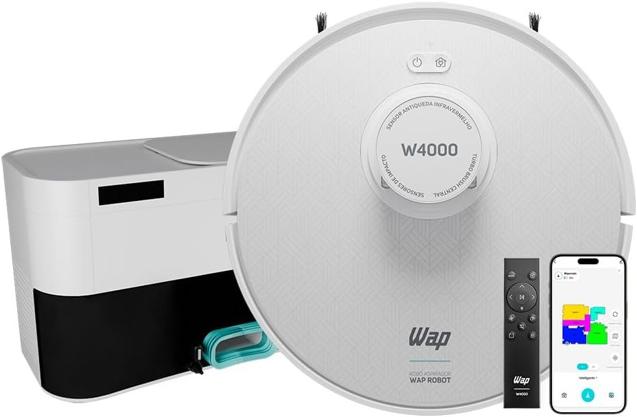 Robô aspirador WAP ROBOT W4000 ao lado da base de autoesvaziamento