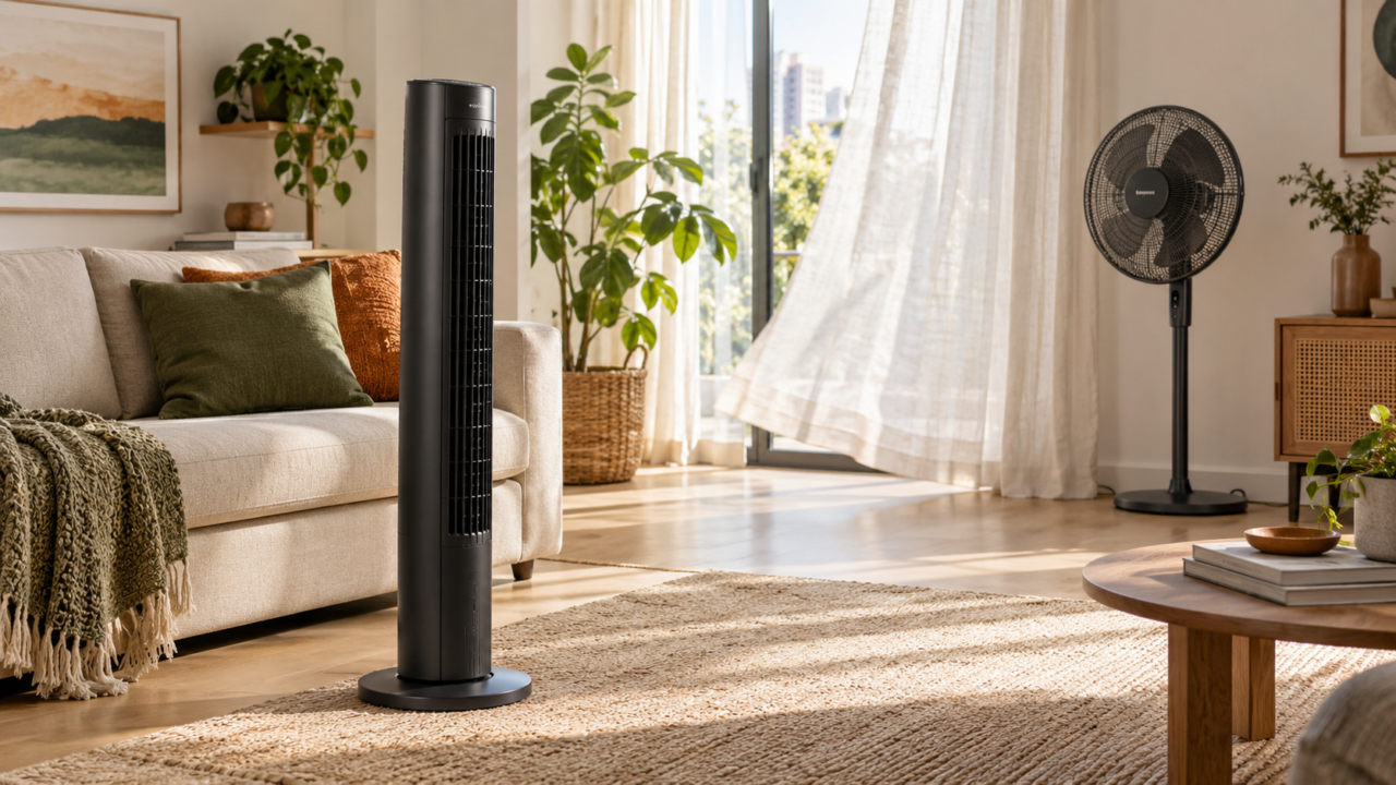 Ventilador de torre ao lado de ventilador convencional em ambiente doméstico