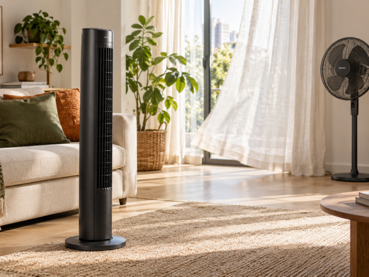 Ventilador de torre ao lado de ventilador convencional em ambiente doméstico
