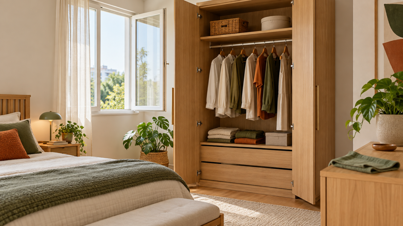 Guarda-roupa aberto e ventilado com roupas organizadas e secas