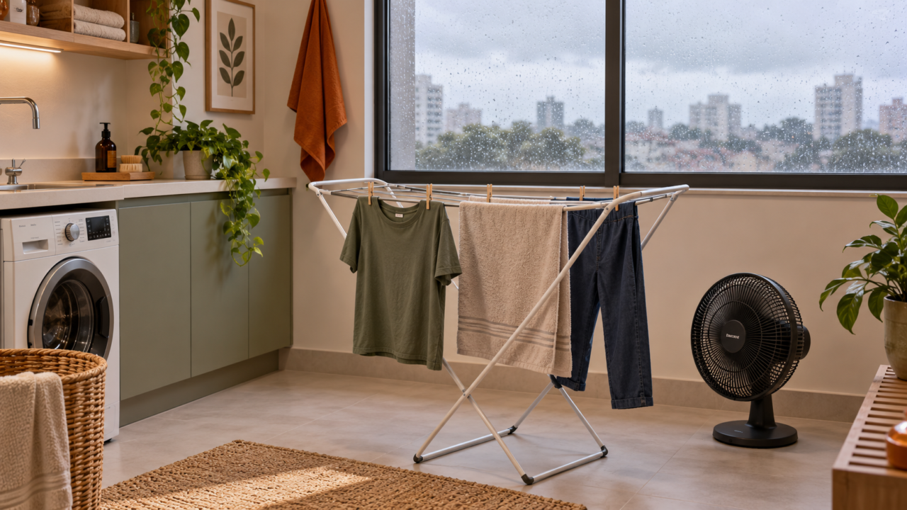 Roupas bem espaçadas secando em varal interno durante dia de chuva