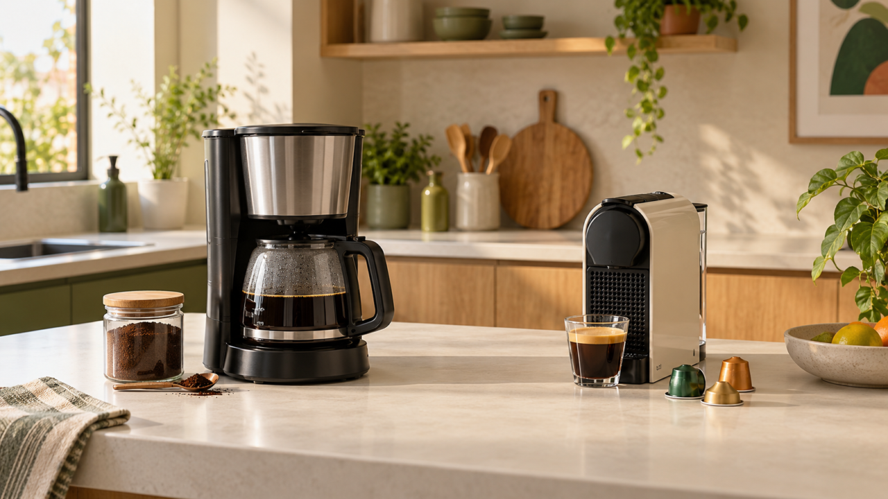 Cafeteira elétrica de jarra e cafeteira de cápsulas em bancada de cozinha