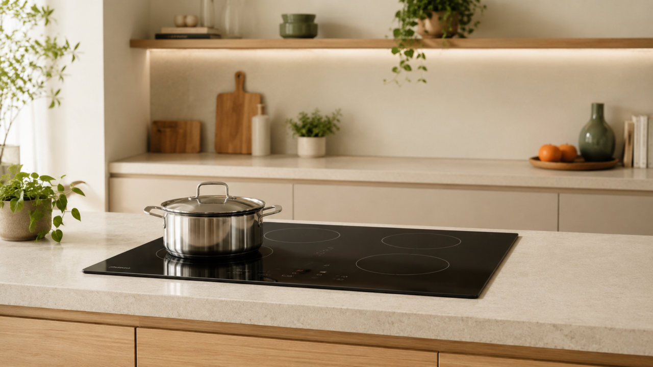 Cooktop de indução preto instalado em bancada de cozinha contemporânea