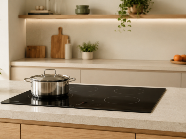 Cooktop de indução preto instalado em bancada de cozinha contemporânea