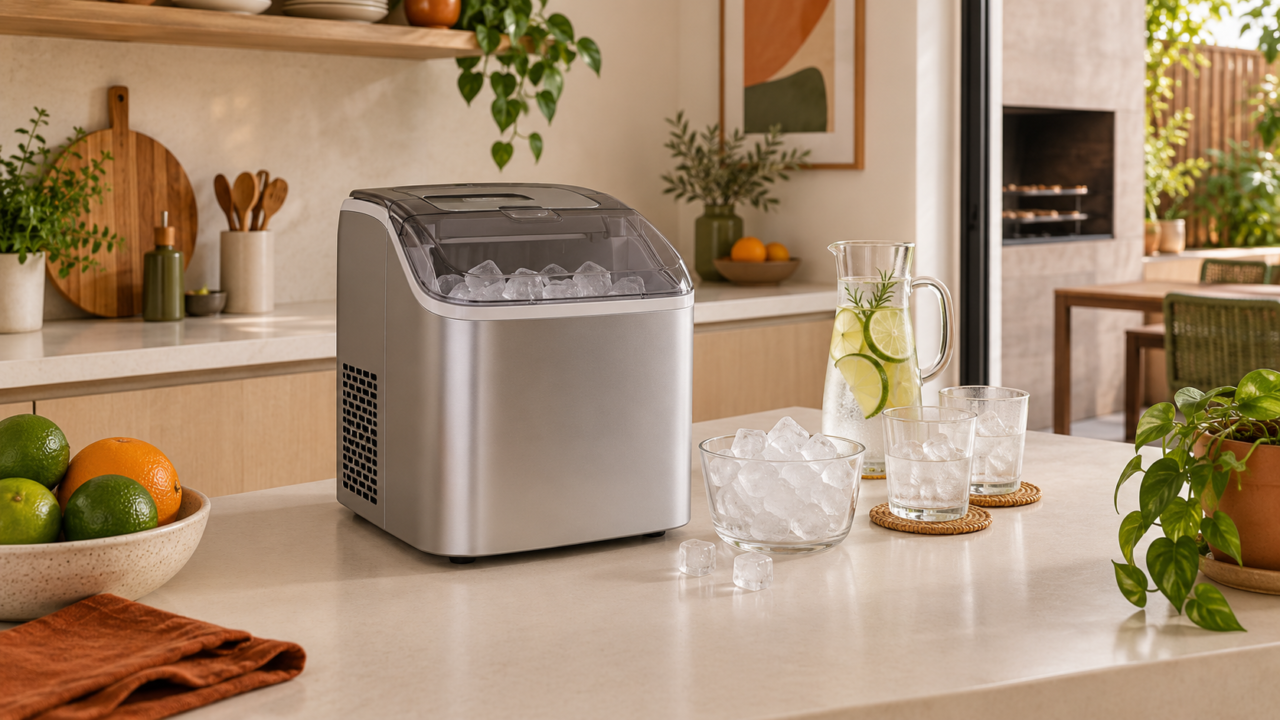 Máquina de gelo compacta sobre bancada de cozinha com copos e gelo