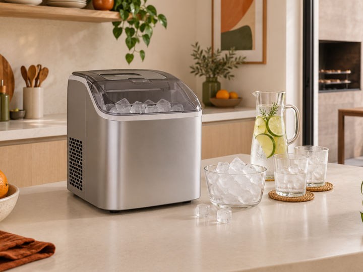 Máquina de gelo compacta sobre bancada de cozinha com copos e gelo