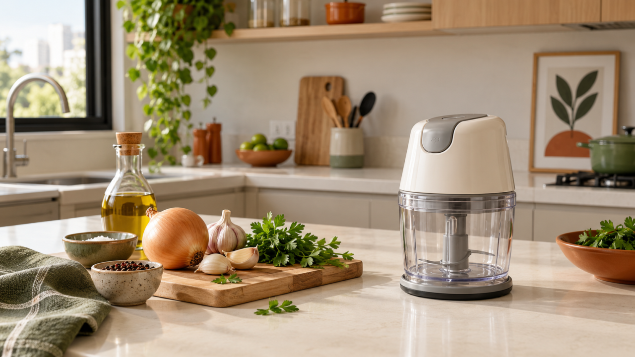 Mini processador elétrico sobre bancada de cozinha com alho, cebola e ervas