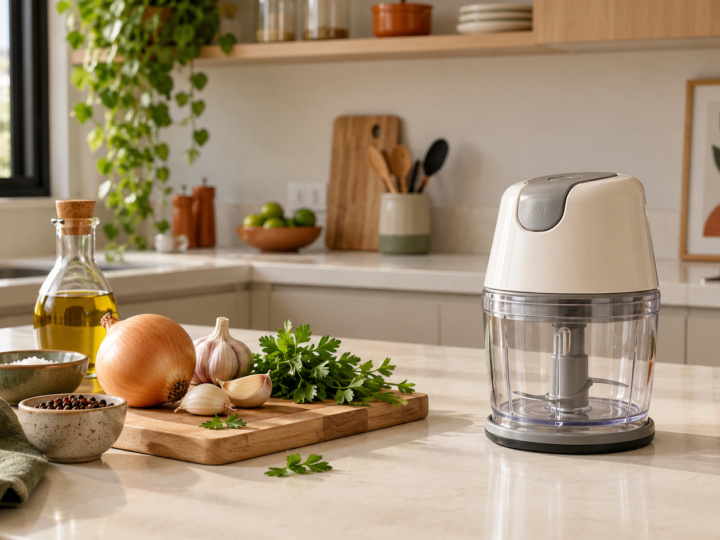 Mini processador elétrico sobre bancada de cozinha com alho, cebola e ervas
