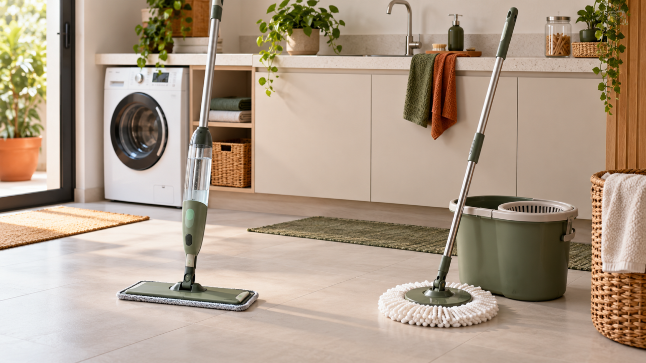 Mop spray e mop giratório com balde em uma área de serviço organizada