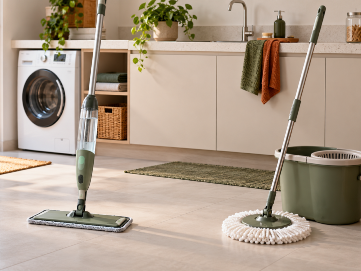 Mop spray e mop giratório com balde em uma área de serviço organizada