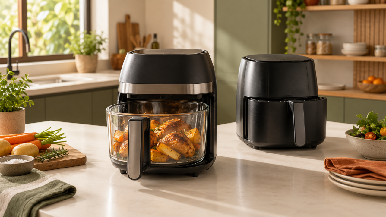 Air fryer com cesto de vidro transparente em cozinha moderna