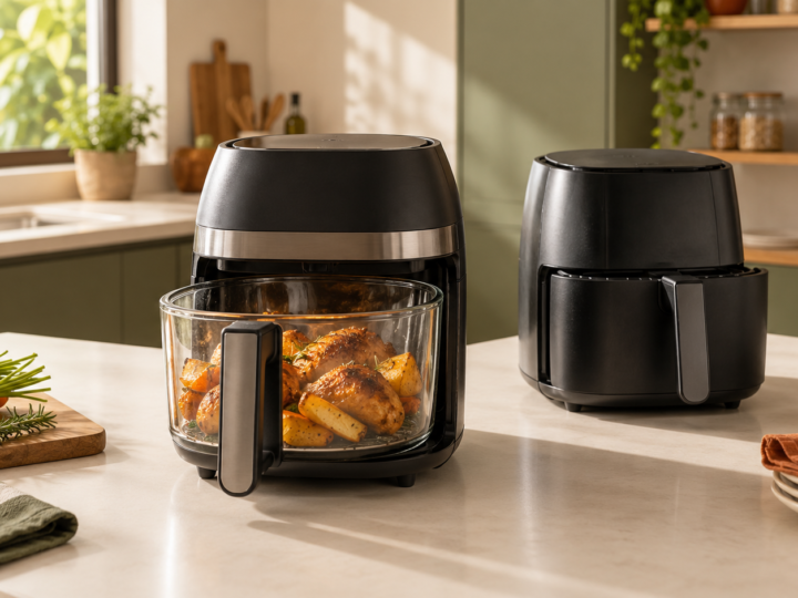 Air fryer com cesto de vidro transparente em cozinha moderna