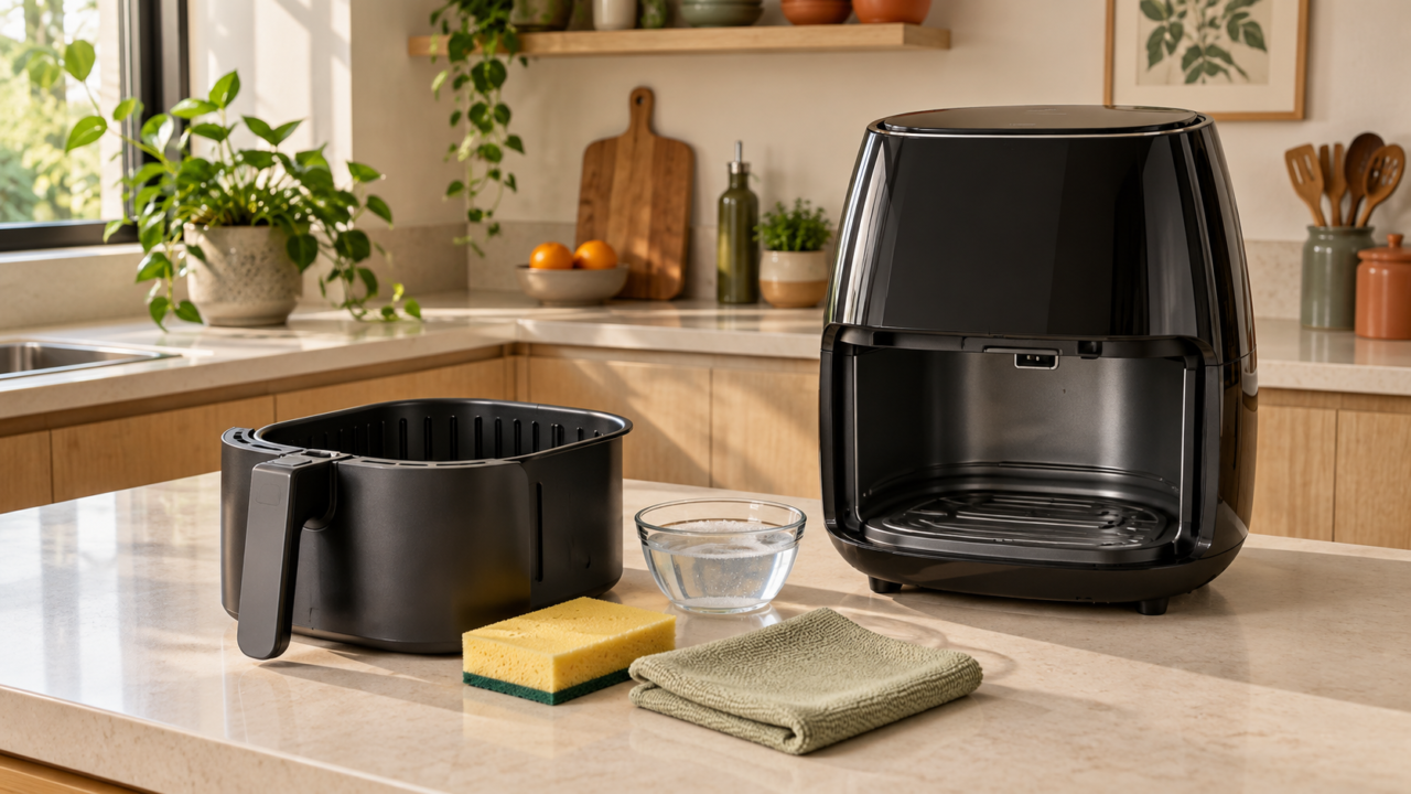 Air fryer aberta com cesto limpo sobre bancada de cozinha