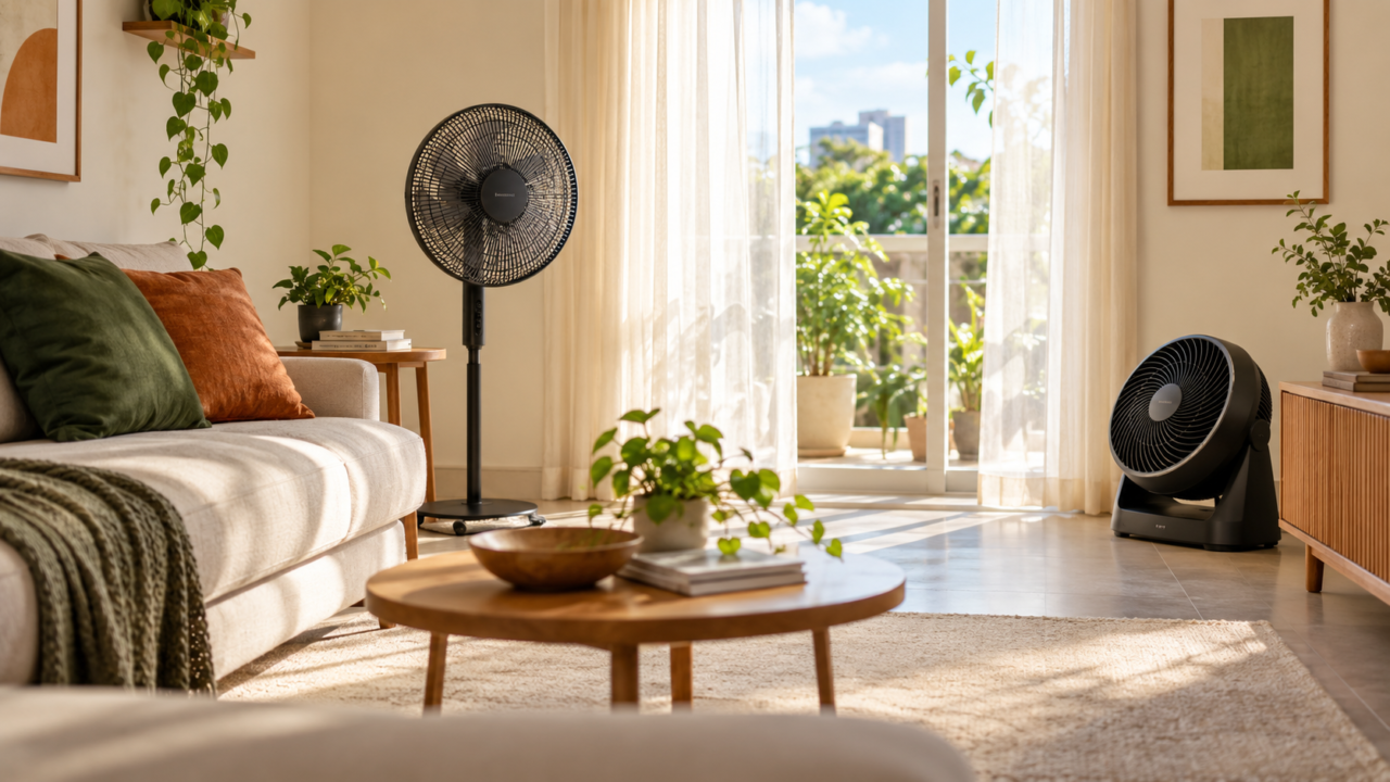 Circulador de ar e ventilador em sala residencial