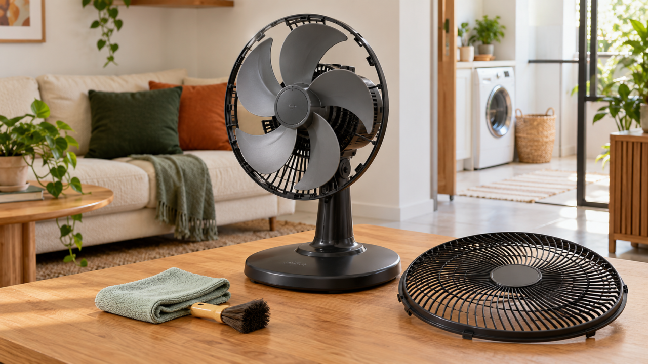 Ventilador desmontado para limpeza com grade e hélice livres de poeira