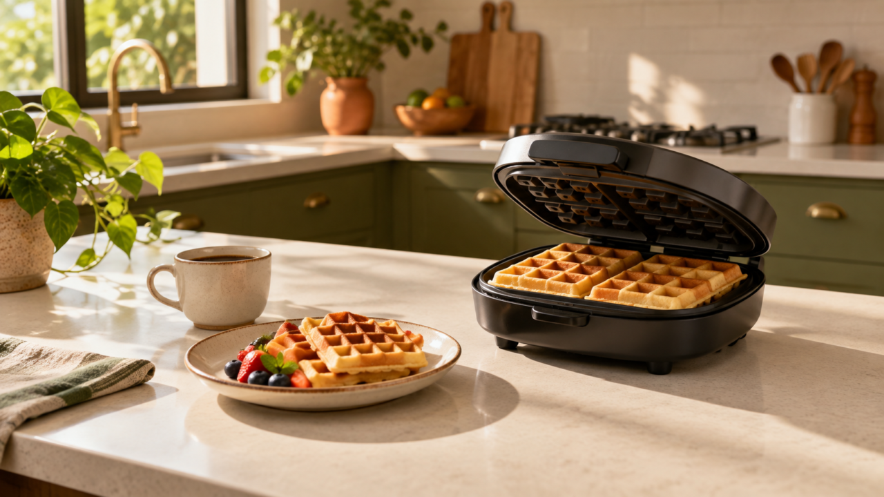 Máquina de waffle elétrica aberta com waffles dourados em uma cozinha