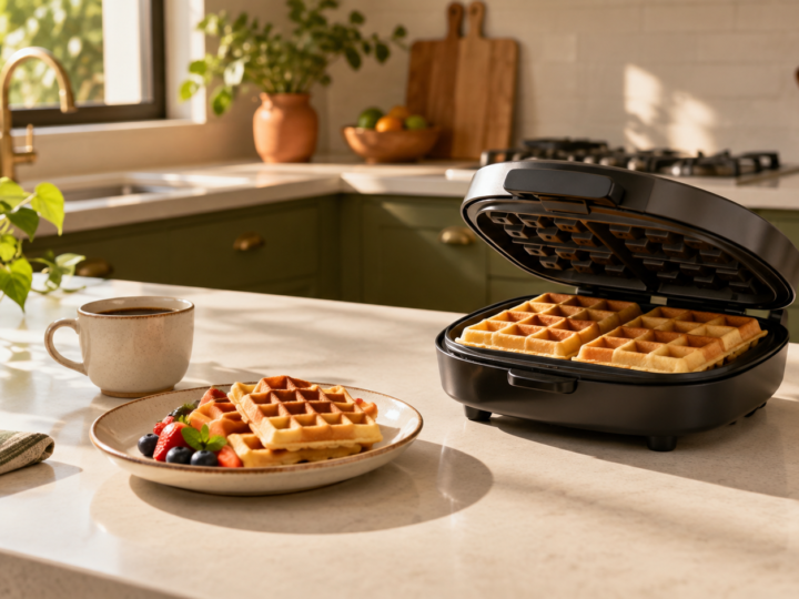 Máquina de waffle elétrica aberta com waffles dourados em uma cozinha