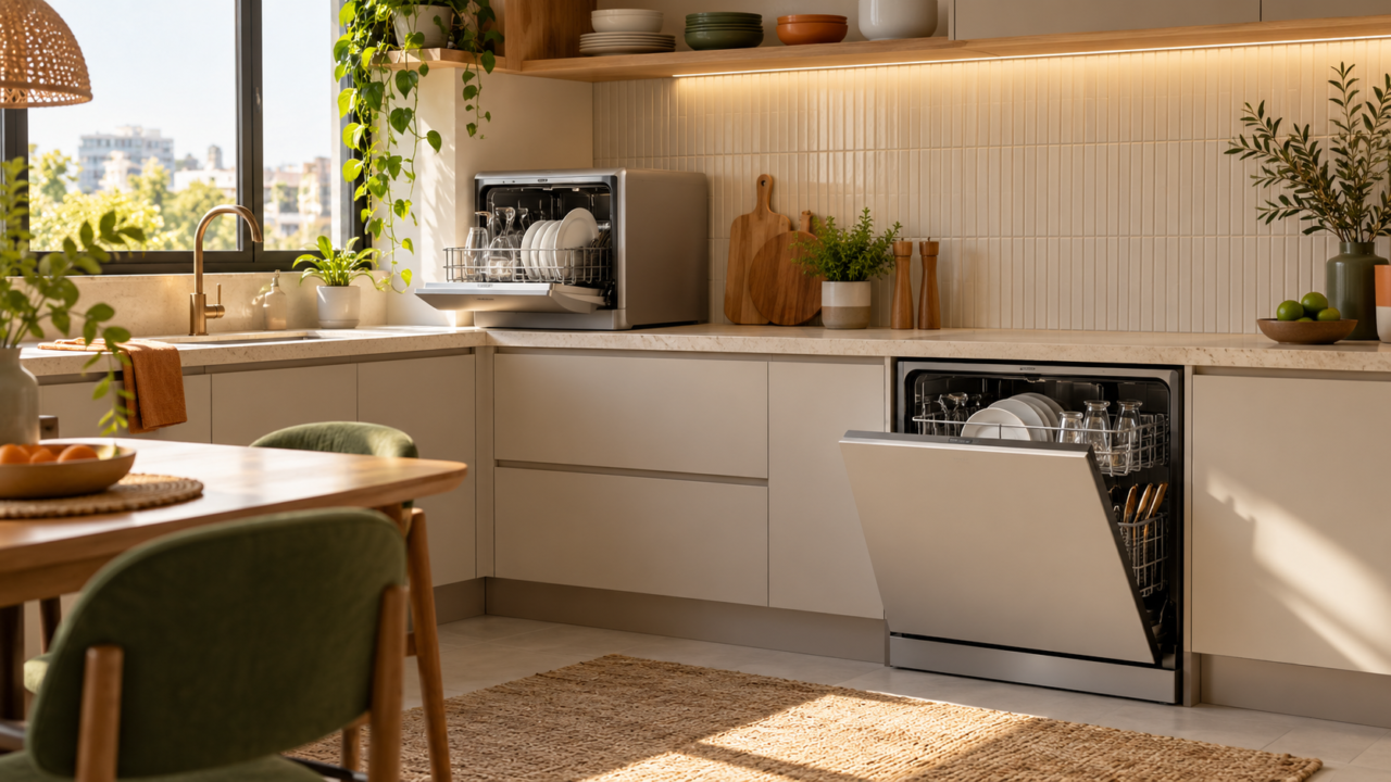 Lava-louças compacta de 8 serviços ao lado de modelo maior de 14 serviços em cozinha