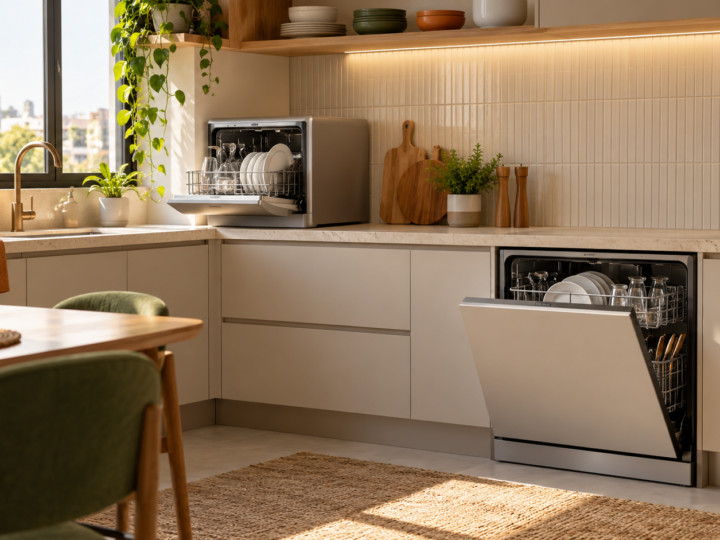 Lava-louças compacta de 8 serviços ao lado de modelo maior de 14 serviços em cozinha