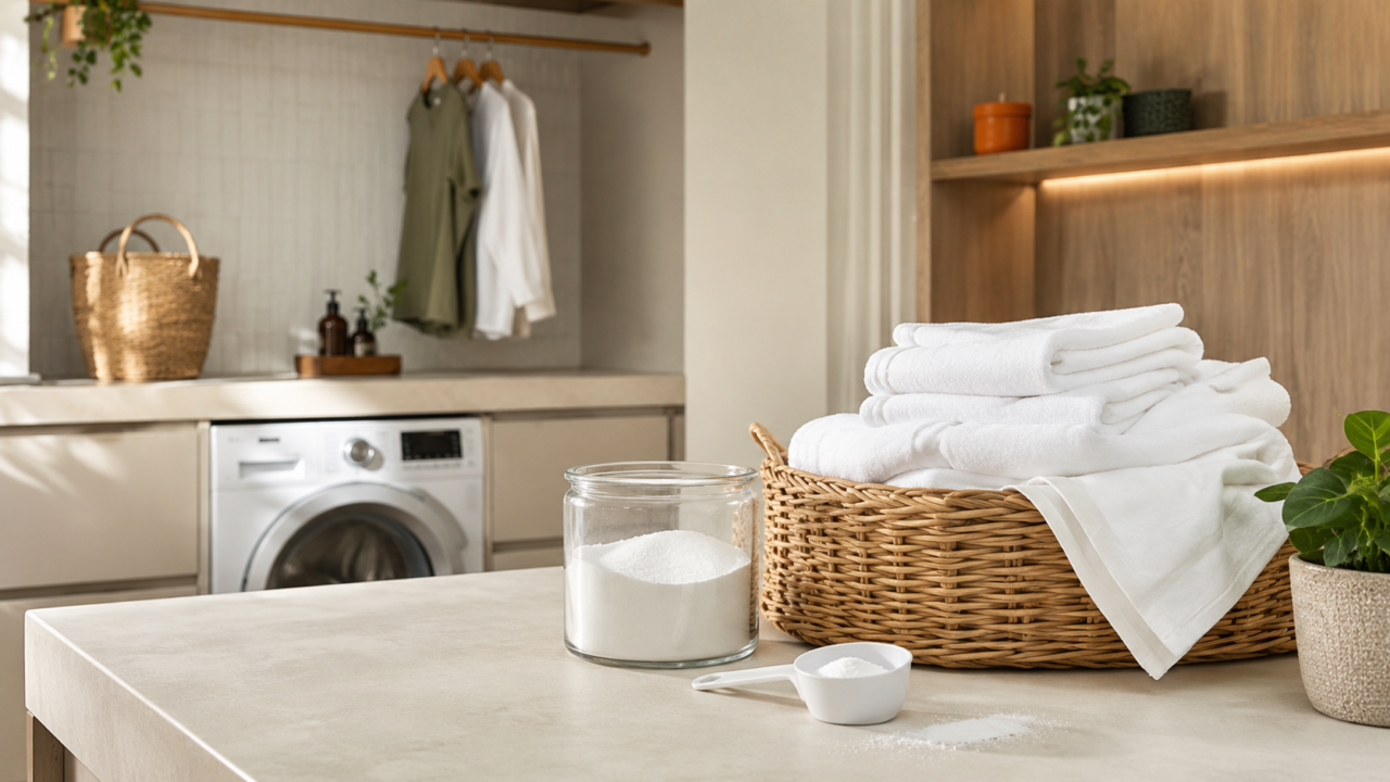 Lavanderia organizada com roupas e produtos para remoção de manchas