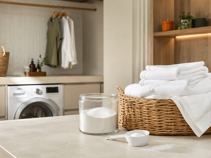 Lavanderia organizada com roupas e produtos para remoção de manchas