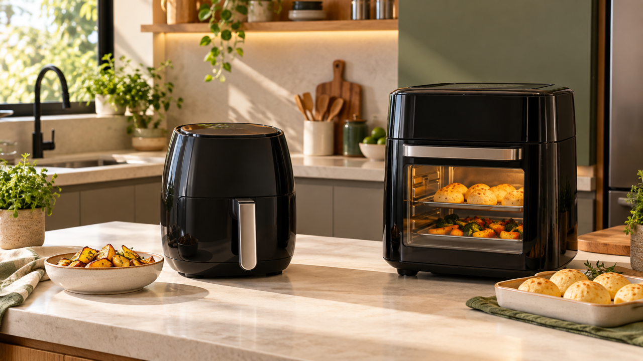 Air fryer de cesto e air fryer oven em cozinha moderna representando os dois formatos