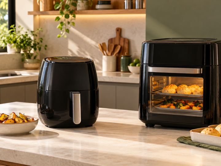 Air fryer de cesto e air fryer oven em cozinha moderna representando os dois formatos