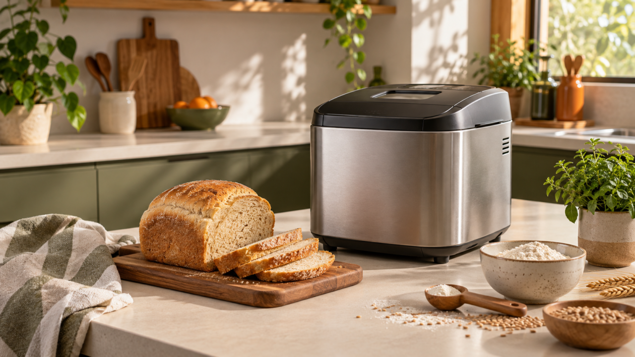 Máquina de fazer pão sobre bancada com pão caseiro recém-preparado