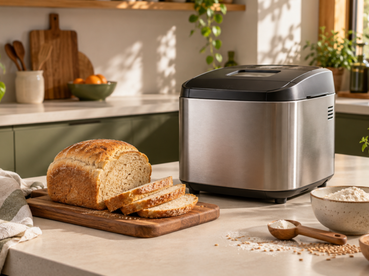 Máquina de fazer pão sobre bancada com pão caseiro recém-preparado